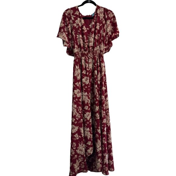 CECE Women’s Dress V Neck Ruffle Sleeve Maxi Elastic Waist Lined slit Small - Picture 1 of 7